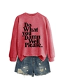 Detail of red crewneck sweatshirt with Do What You Damn Well Please print and denim shorts - Red (Black Font)