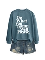 Detail of blue-grey sweatshirt with 'Do What You Damn Well Please' print and ripped denim shorts - Blue (White Font)