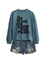 Detail of blue crewneck sweatshirt with Do What You Damn Well Please print and denim shorts - Blue (Black Font)