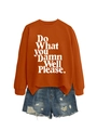 Flat lay of an orange crewneck sweatshirt with text and ripped denim shorts set - Burnt Orange (White Font)