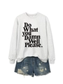 Close-up of a white sweatshirt with 'Do What You Damn Well Please' print and ripped denim shorts - Off-White (Black Font)