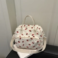 Borsa termica in velluto a coste crema con stampa fragole, tasca frontale e tracolla regolabile - Bianco