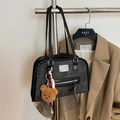 Dark grey minimalist tote bag with silver hardware and plush bear charm on a coat hanger - Black with Pendant