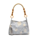 Hellgraue Canvas-Tasche mit Blumenprint, Holzperlengriff und edlem Seidenquasten-Detail - Blau