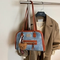 Blue denim tote bag with brown leather trim and cute plush bear charm accessory - Brown with Pendant