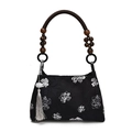 Chinesische Tasche in Schwarz mit Blumenstickerei und perlenbesetztem Holzgriff - Weiß