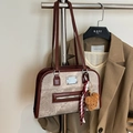 Retro canvas tote bag in beige and brown with a plush bear charm and silk scarf - Red with Pendant