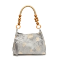 Leichte blaue Canvas-Handtasche mit Blumenmuster, Holzperlen und Strohgriffen - Grün