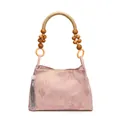 Schultertasche mit Blumenmuster, Holzperlengriff und langem Seidenquasten-Detail - Rosa