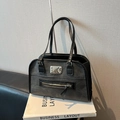 Dark grey matte tote bag with silver plaque and shoulder straps on a white box - Black (Without Charm)