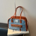 Blue denim Boston briefcase with brown leather trim and dual handles for women - Brown (Without Pendant)