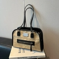 Vintage khaki tote bag with black leather trim and silver tassel zipper details - Khaki (Without Charm)
