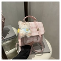 Pink plaid mini backpack with plush bear charm and golden twist-lock closure - Pink with Pendant