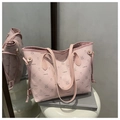 Pink tote bag with cartoon animal print and litchi grain faux leather texture - Pink
