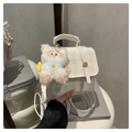 Mini cream checkered backpack with cute plush bear pendant and elegant top handle - White with Pendant