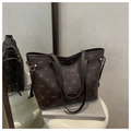 Dark brown tote bag with cartoon rabbit print and litchi texture finish - Brown
