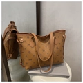 Brown tote bag with LNBOE bunny prints, PU leather material, and drawstring details - Brown