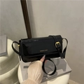 Glossy black patent leather small square shoulder bag with gold metal buckle detail - Black