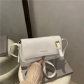 Modern white patent leather baguette bag with gold metal buckle and sleek flap design - White