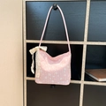 Borsa a tracolla in tela vichy rosa con ricami floreali e fiocco in pizzo elegante - Rosa