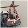 Schoudertas van blauwe denim en rood geruite canvas met kanten rand en strik - Denim Ruit Patchwork Stijl (款式二)
