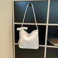 Borsa tote in tela a quadretti arancio chiaro con fiori di margherita e fiocco in pizzo - Cachi
