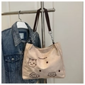 Beige canvas draagtas met kattenprints en donkerbruine handvatten met ketting - Kattenprint Canvas Stijl (款式四)