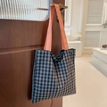 Sac fourre-tout en toile à carreaux avec anses roses et motif gris et noir - Gris