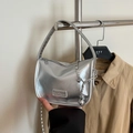 Silver metallic crescent hobo bag with chain strap and Fashion label tag - Silver