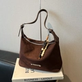 Matte dark brown vintage hobo bag with adjustable strap and decorative wood beads - Coffee with Pendant