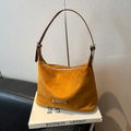 Retro ginger faux suede dumpling bag with dark brown shoulder strap and silver buckle - No Pendant / Brown