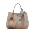 Borsa tote in tela e pelle con mini pochette e sciarpa di seta stampata - Kaki