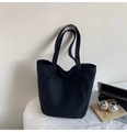 Minimalist large black canvas tote bag with side pocket for daily commuting and school - Black