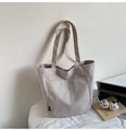 Minimalist oatmeal canvas tote bag with side fashion label and front slip pocket - Beige Grey
