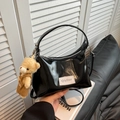 Glossy black patent leather dumpling handbag with zipper and teddy bear charm - Black (with Pendant)