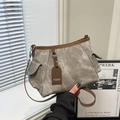 Graue Retro-Segeltuchtasche mit braunem Lederbesatz und Seitentaschen für den Alltag - Grau