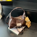 Deep brown glossy patent leather crossbody bag with teddy bear pendant and top handle - Coffee (With Pendant)
