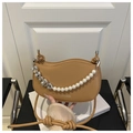 Camel PU saddle bag with heart metal charm and pearl chain decoration - Khaki