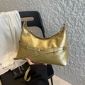 Golden metallic crescent underarm bag with vintage buckle and decorative hardware - Gold
