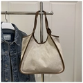 Borsa tote minimalista in tela beige con finiture in pelle marrone per il lavoro - Bianco Sporco