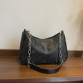 Retro schwarze Mond-Schultertasche mit Cartoon-Prints und silberner Kettenriemen - Schwarz