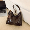Minimalist dark brown patent leather tote bag with glossy finish and fashion charm - With Charm / Brown