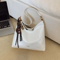 Glossy white hobo shoulder bag with fashion bags print and retro gold hardware - With Charm / Off White