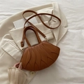 Caramel brown fan-shaped crossbody bag with embossed leaf texture and matte PU leather finish - Brown