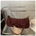 Sac baguette vintage en daim bordeaux avec doubles poches et boucles argentées - Rouge