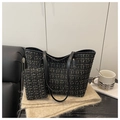 Black and gold tweed tote bag with leather straps and matching small pouch - Black