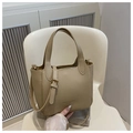 Chic beige lychee grain leather bucket bag with top handles and adjustable strap - Khaki Without Pendant