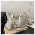 White tweed tote bag set with gold thread, leather handles and matching pouch - White