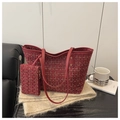 Red plaid tweed tote bag set with matching pouch and premium leather handles - Red