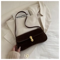 Dark brown suede shoulder bag with elegant gold metal buckle closure in vintage style - No Pendant / Brown